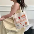 Cute Cartoon Canvas Tote Bag Student Casual Shoulder Bag Large Capacity Commuting Bag - No Zipper No Inner Pocket Double Sided Print / Delicious Western Food