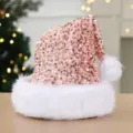Bonnet de Noel a sequins roses avec bordure en peluche blanche, belle deco de fete. - Rose