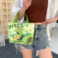 Mini canvas tote bag for women, cute cartoon frog print handbag, casual small lunch bag. - Green Frog Postman