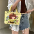 Mini canvas tote bag for women, cute blueberry print yellow handbag, casual commuter lunch bag. - Blueberries Girl