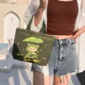 Korean style mini canvas handbag cute frog print casual commuter lunch tote bag for women. - Raining Frog