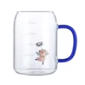 Tasse à lait en verre transparent avec graduation et motif cochon mignon pour petit déjeuner. - 300ml / Poignées de rechange petit cochon bleues