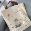Grand sac cabas en toile de jute decontracte sac a epaule imprime dessin esthetique - Princesse et Chat