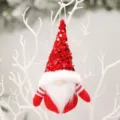 Ornamento appeso di gnomo di Natale con cappello di paillettes rosse e barba bianca - Piccolo ciondolo rosso