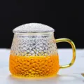 Japanese hammered glass mug with lid and gold handle, clear aesthetic tea cup for home. - 450ml / Pineapple Single Cups (Yellow Handle) with Lid