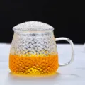 Japanese hammered glass tea cup with infuser lid and handle, clear minimalist style for home - 450ml / Pineapple Single Cups (Transparent Handle) with Lid