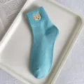 Cute cartoon dog embroidery mid-calf socks for women, soft cotton candy color breathable design - One Size / Mint Blue