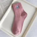 Pink cotton crew sock with cute cat embroidery, soft breathable candy color casual winter warm sock. - One Size / Dusty Pink