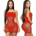 Vista detallada de body de red rojo con pedrería sexy, lencería erótica transparente y hueca. - Talla única / BC-0369T rojo