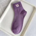 Purple mid-calf cotton socks for women featuring cute puppy embroidery in candy colors. - One Size / Purple