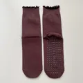 Women's mid-tube yoga socks with ruffled edge and non-slip grip dots for pilates fitness. - One Size / Dark Brown