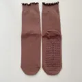 Women's crew yoga socks with cute ruffle cuffs and anti-slip silicone dots for fitness pilates. - One Size / Red Brown