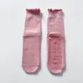 Pink ruffle yoga socks with anti-slip grip dots, mid-calf pilates fitness socks for women. - One Size / Pink
