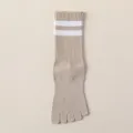 Comfortable women's five-toe mid-tube socks in khaki with white stripes. Pure cotton athletic design. - One Size / Khaki