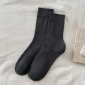 Dark grey ribbed women crew socks, solid color cotton long winter socks for daily wear. - One Size. / Dark Gray