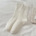 Solid color ribbed mid-tube cotton socks for women, cozy and versatile autumn winter wear. - One Size. / Milky White