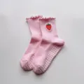 Pink women yoga grip socks with strawberry embroidery, ruffled top and silicone dots. - One Size / Pink Strawberry