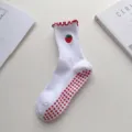 White women non-slip yoga socks with cute strawberry embroidery and red silicone grip soles. - One Size / Pure White Strawberry