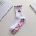 White women anti-slip yoga socks with cherry embroidery and red grip soles for fitness. - One Size / Pure White Cherry
