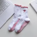White women yoga socks with anti-slip silicone dots and cute red bow for pilates dance fitness - One Size / Pure White with Red Trim