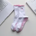 Non-slip yoga socks for women with pink bow embroidery, ruffles and silicone soles for pilates - One Size / Light Pink & Pure White