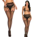 Sexy black fishnet lingerie set with rhinestones, halter bra and garter panty stockings. - One Size / Set