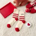 Cozy fleece-lined red winter socks for women, warm thick thermal knit stockings for home. - One Size / Three-Stripe Cloth Label