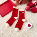 Red thick fleece-lined thermal winter socks for women cozy home new year cozy footwear style - One Size / Red Cloth Tag