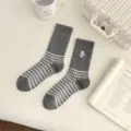 Chaussettes longues femme hiver coton gris écossais broderie chat mignon chaussettes douillettes - Taille unique / Gris Moyen