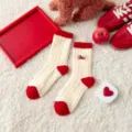 Thermal fleece-lined long socks for women, red and white winter warm socks with cute dog embroidery. - One Size / Milk White Dog
