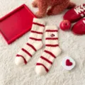 Red and white striped thermal fleece socks for women, cute puppy embroidered winter warm tube sock. - One Size / Stripe Dog