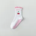 Chaussettes de yoga blanches pour femmes avec volants roses, broderie cerise et grips. - Taille unique / Blanc Volant Rose Cerise
