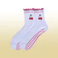 Chaussettes de yoga blanches avec broderie cerise, poignets volantés et semelles roses. - Taille unique / Cerise à bord-côte rose