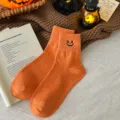 Halloween Pumpkin Embroidered Cotton Mid-Tube Socks Cute Thermal Cozy Winter Daily Wear - One Size (37-44) / Orange