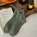 Halloween bat embroidery cotton mid tube socks cozy warm autumn winter thick socks green - One Size (37-44) / Army Green