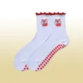 Chaussettes de yoga blanches mi-hautes à volants rouges, broderie cerise et semelle antidérapante. - Taille unique / Nœud