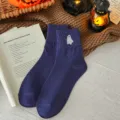 Navy Blue Halloween Ghost Embroidered Mid Tube Cotton Socks Cozy Autumn Winter Warm Daily Wear - One Size (37-44) / Purple