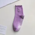 Purple mid-tube yoga socks with white ruffled lace, heart embroidery and non-slip silicone soles. - One Size / Purple