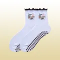 Chaussettes de pilates blanches avec poignées en cœur, revers volantés marron et broderie café. - Taille unique / Nœud en dentelle marron