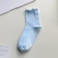 Blue anti-slip yoga socks with cute lace trim and white heart embroidery, perfect for pilates. - One Size / Blue