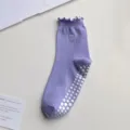 Purple anti-slip yoga socks with ruffles, sweet heart embroidery and secure silicone grip soles. - One Size / Deep purple