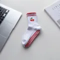 White non-slip yoga socks with cute cherry embroidery and red heart grip soles for pilates. - One Size / Fruit-Cherry