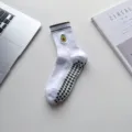 White anti-slip yoga socks for women, mid-tube cotton pilates socks with green heart grips. - One Size / Flat Ribbed - Avocado