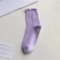 Purple non-slip yoga socks with cute heart embroidery, ruffled cuffs and silicone grips. - One Size / Light Purple