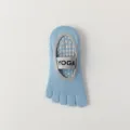 Blue five toe yoga socks with anti-slip silicone dots and elastic strap for fitness workout. - Blue