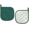Detail shot of green quilted kitchen hot pad, featuring heat-resistant silver coating side. - Dark Green