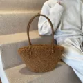 Brown fluffy faux lamb wool handbag with slim leather handles for autumn and winter. - Brown