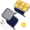 Kitchen heat resistant potholder set with silver coated and towel cloth for baking cooking 2pcs - Navy Blue