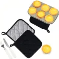 Kitchen heat resistant pot holders set with baking tray and baking tools for cooking. - Black