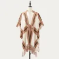 Knitted tassel shawl for women, brown and white geometric striped warm cape, autumn. - Cloud Pattern Large Plaid Caramel Beige